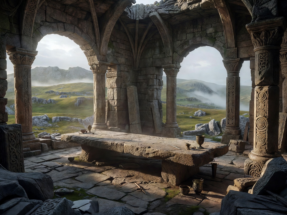 A monumental ancient British ceremonial hall partially preserved within a rugged landscape, long weathered stone table, carved pillars, open arches revealing misty green moorland, subtle bronze ceremonial objects, dramatic natural light, historic atmosphere, premium semi-realistic AAA heritage concept art, elegant archaeological storytelling, no battle, no dragon, no wizard, no cartoon knight, no text, no logo.