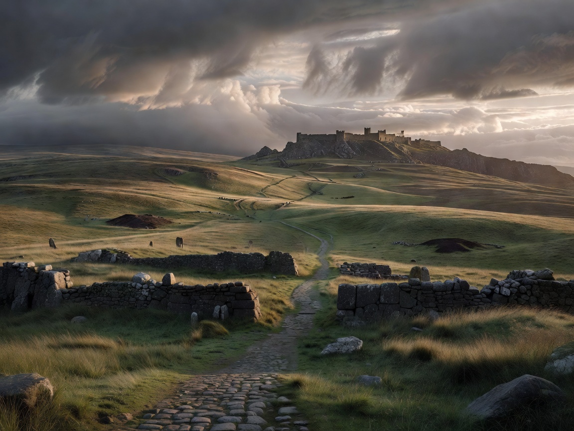 A vast cinematic British moorland landscape at late afternoon, ancient weathered stone foundations crossing the foreground, a narrow historic pathway leading toward a distant fortified hill estate, dramatic layered clouds, bronze sunlight breaking through mist, subtle archaeological markers, windswept grass, mysterious Arthurian heritage atmosphere, premium semi-realistic AAA environmental concept art, sophisticated muted colors, monumental scale, no dragon, no battle, no fantasy character posing, no text, no logo, no generic medieval castle close-up.