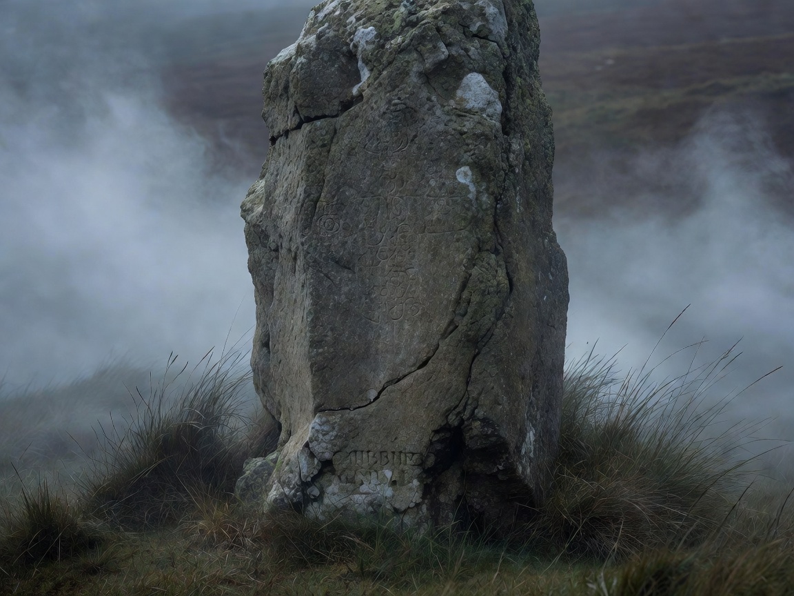 Close up vertical view of an ancient weathered standing stone with faint Celtic or Arthurian engravings, surrounded by moorland mist and wild grass, somber atmospheric lighting, highly realistic heritage photography style.