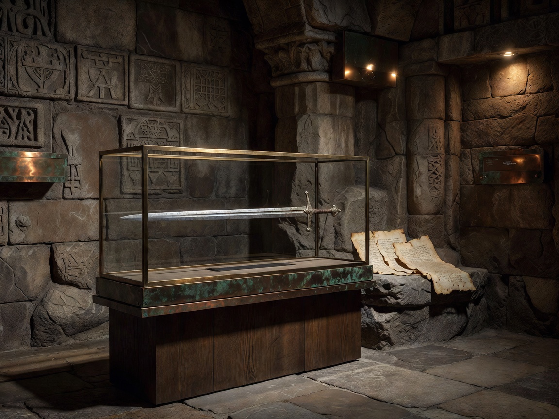 A refined archaeological exhibition environment built inside ancient stone architecture, a ceremonial medieval sword displayed horizontally within a minimal bronze and glass conservation case, weathered carved stone walls, subtle manuscript fragments, museum-grade lighting, oxidized copper details, deep shadows, premium cinematic heritage concept art, sophisticated and realistic, no glowing magic sword, no fantasy effects, no people, no text, no logo.
